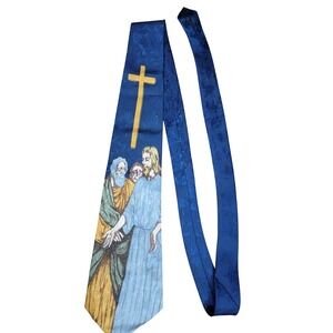 Renaissance Hand Made Religious Jesus Cross Blue Polyester Necktie
